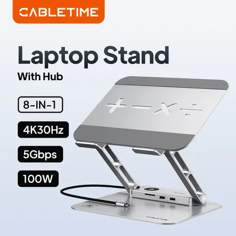 CABLETIME 8-in-1 USB C Hub Laptop Stand 4K RJ45 1000Mbps USB 3.0 5Gbps PD100W SD Card Stand hub for Macbook Dell iPad