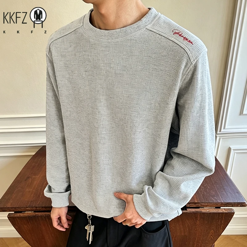 Men Basic Waffle Knit Round Neck Shirt Raglan Long Sleeve Shoulder Embroidery Oversized Fit Male Casual Top