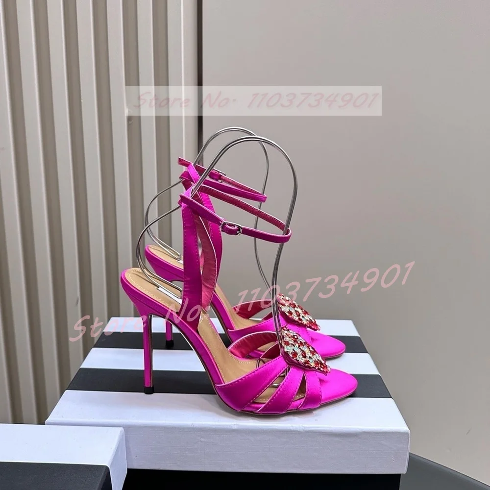 Heart Crystals Ankle Strap Rose Pink Sandały damskie Sweet Party Clear Round Toe High Heels Shoes Kobiece eleganckie sandały ślubne