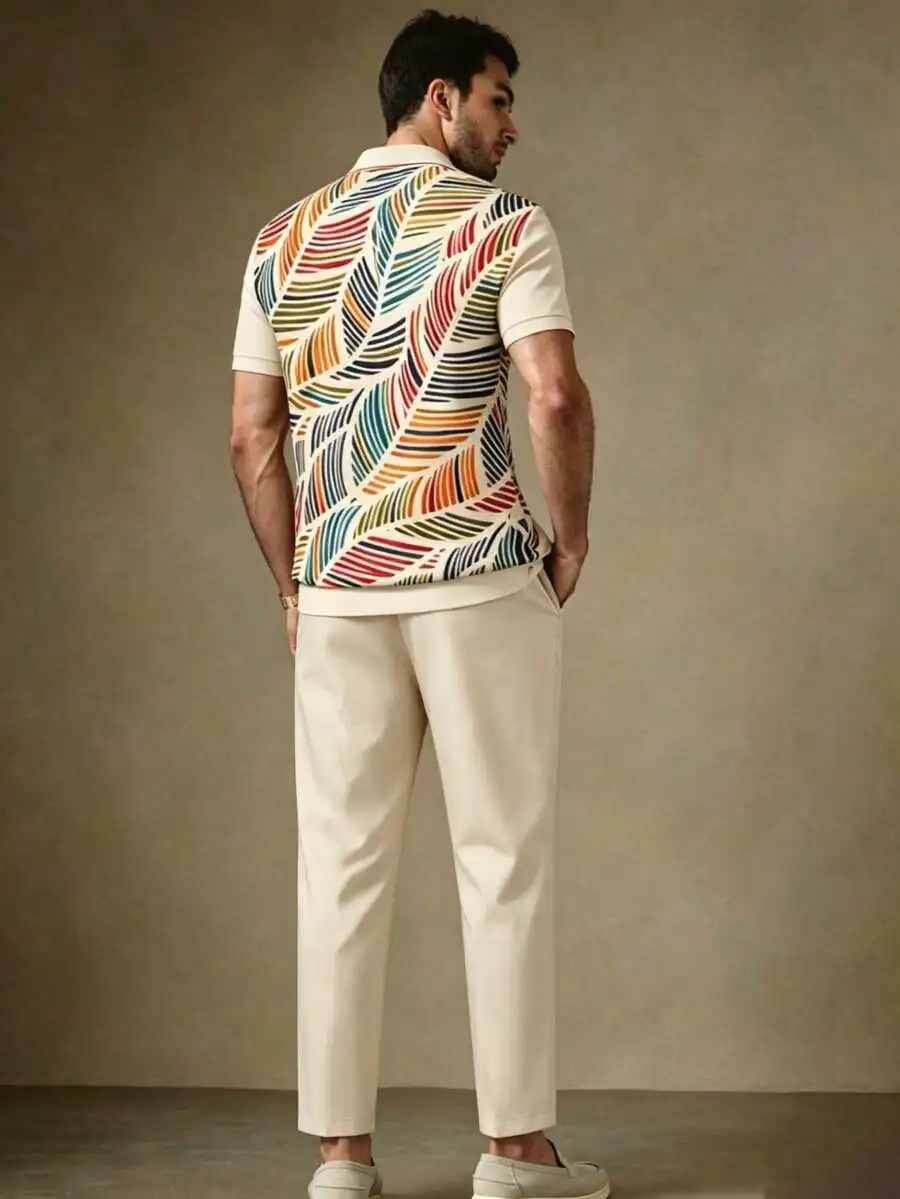 Conjunto de Camisa de Manga Corta con Cuello con Cremallera y Pantalones Rectos con Cordón para Hombre, Estampado de Hojas Coloridas, Inspirado en el Arte, Conjunto de 2 Piezas, Casual