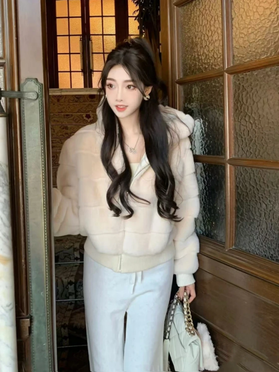 Chaqueta holgada y cálida de manga larga con capucha de pelo de visón sintético para mujer, prendas de vestir esponjosas de piel sintética con cremallera de Color sólido para otoño e invierno