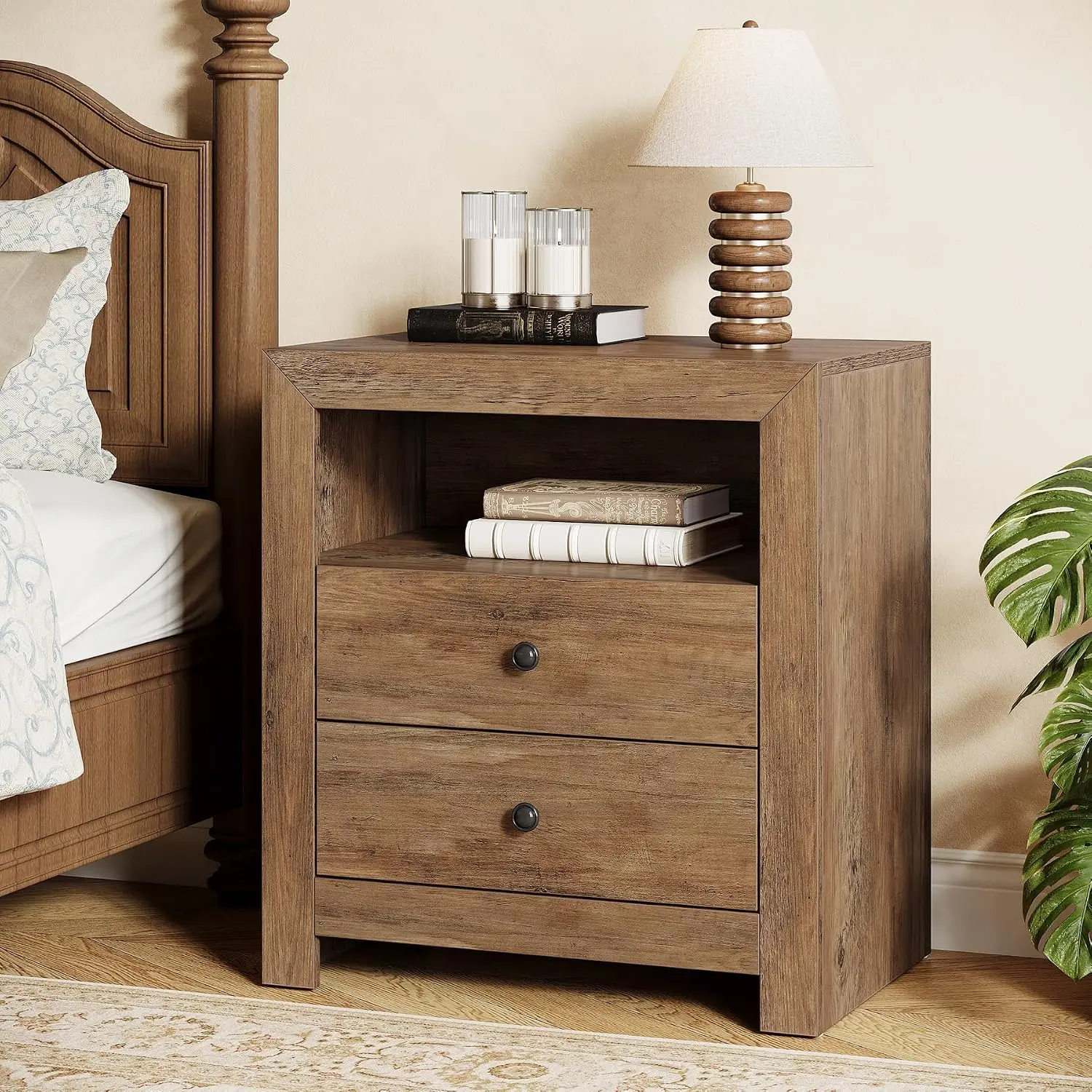 Farmhouse Nightstand with 2 Drawers Storage, Mid-Century End Table, Wide Bedside Table for Bedroom, Easy Assembly, Customized