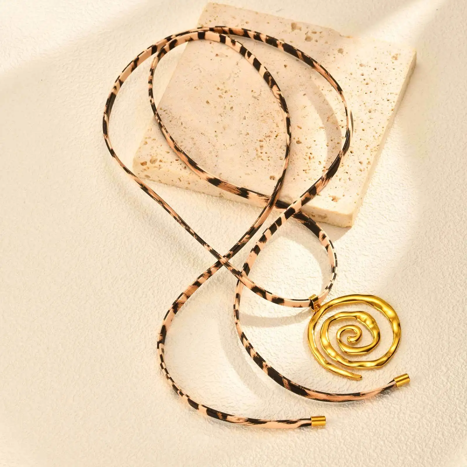 

Stainless Steel Spiral Pendant Necklace, Leopard Colorl Cord Long Necklaces, Statement New Design Jewelry