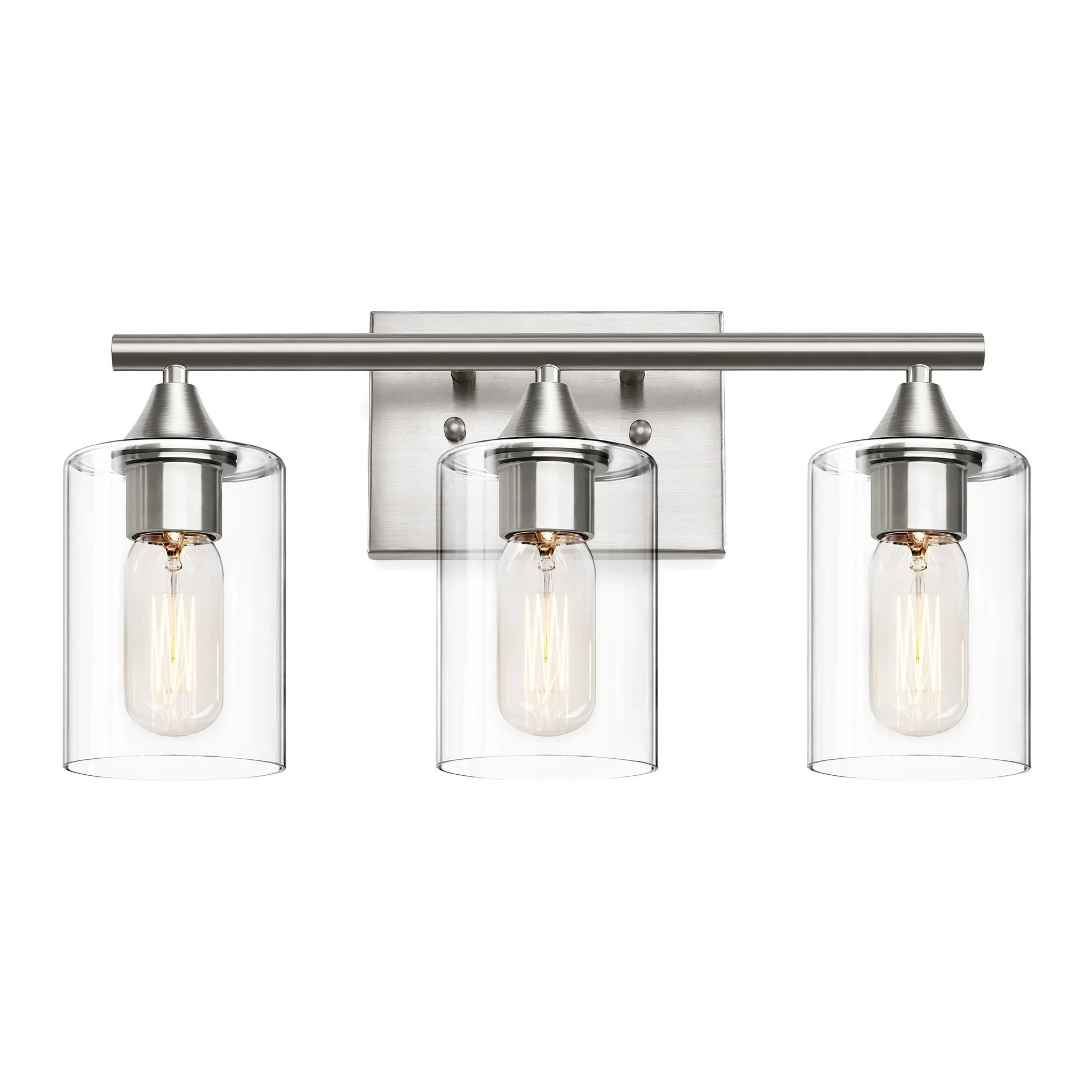 3-Light Brushed Nickel Bathroom Vanity Light, Clear Cylinder Glass Wall Sconce, Transitional Moisture-Proof Wall Lamp for Guest Bath, Entryway (Bulbs Not Included)