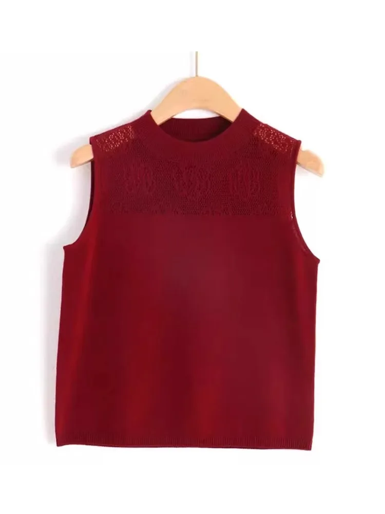 

Faionable Lace Splice Design Knitted Top round Ne Svel Vest Summer Agel Sle Ele Bal oulder Bared