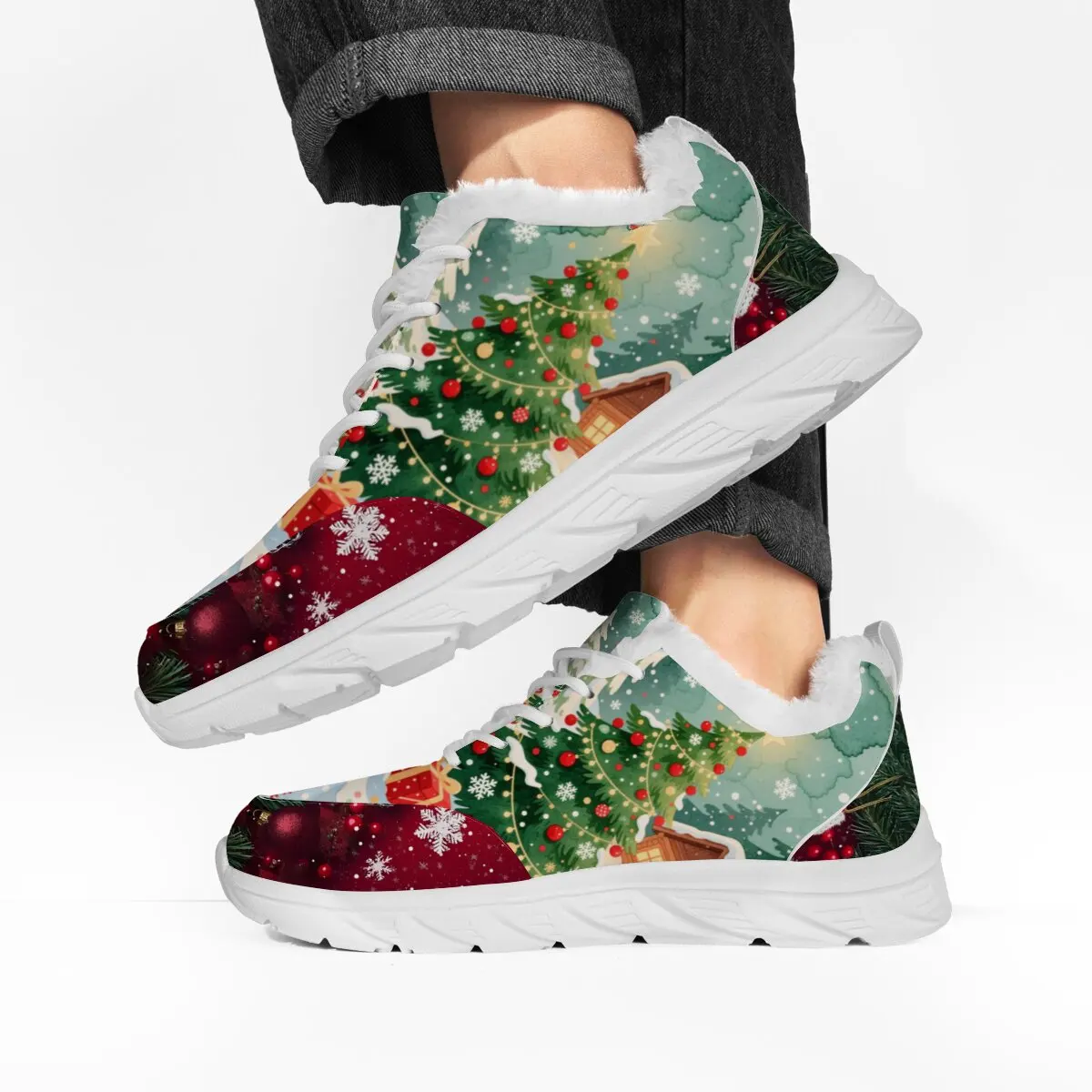 

Couple Style Fleece Warm Autumn and Winter Lace-up Soft Sole Multi-color Graffiti Christmas Print Casual Sports Shoes