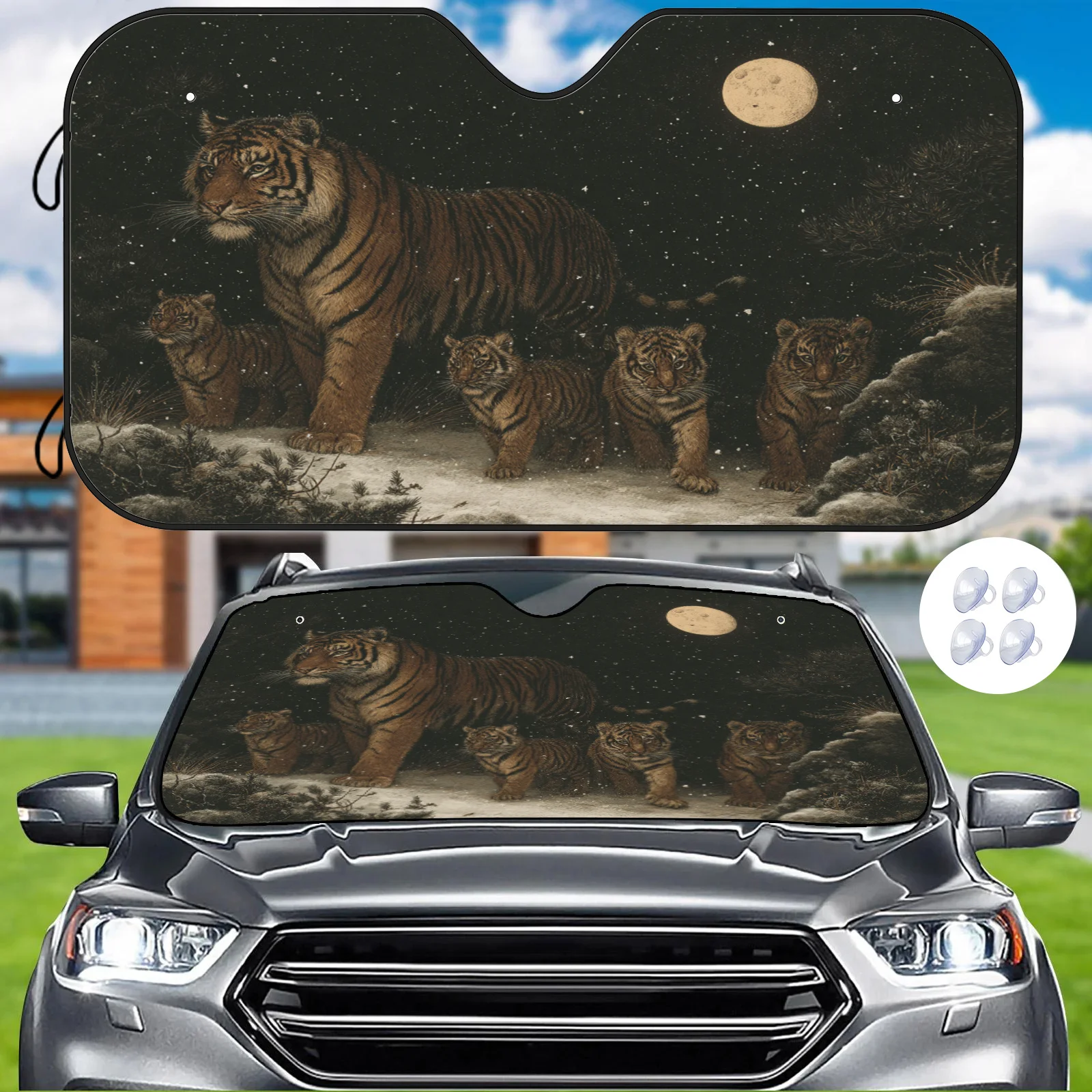 Snowy Night Tiger Pack Realistic Painting Car Sunshade, Warm And Natural Scene, Easy To Install And Durable, Includes 4 Suction