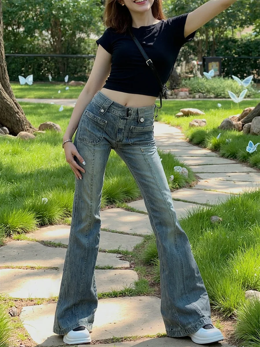 

Flare Slim Skinny Floor Jeans Women Vintage High Waist Blue Embroidery Patchwork Pocket Ripped Streetwear Stretch Straight Leg