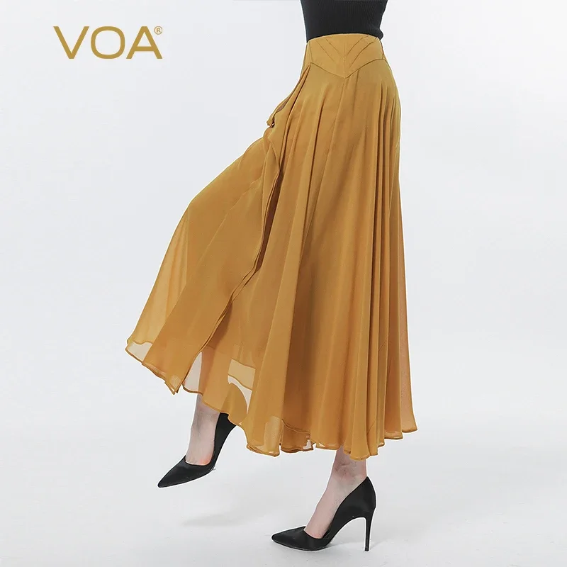 VOA  Georgette Brown Natural Waist Stitching Three-dimensional Loose-leaf Decoration  Double-layer Loose Wide-leg Trousers KE519
