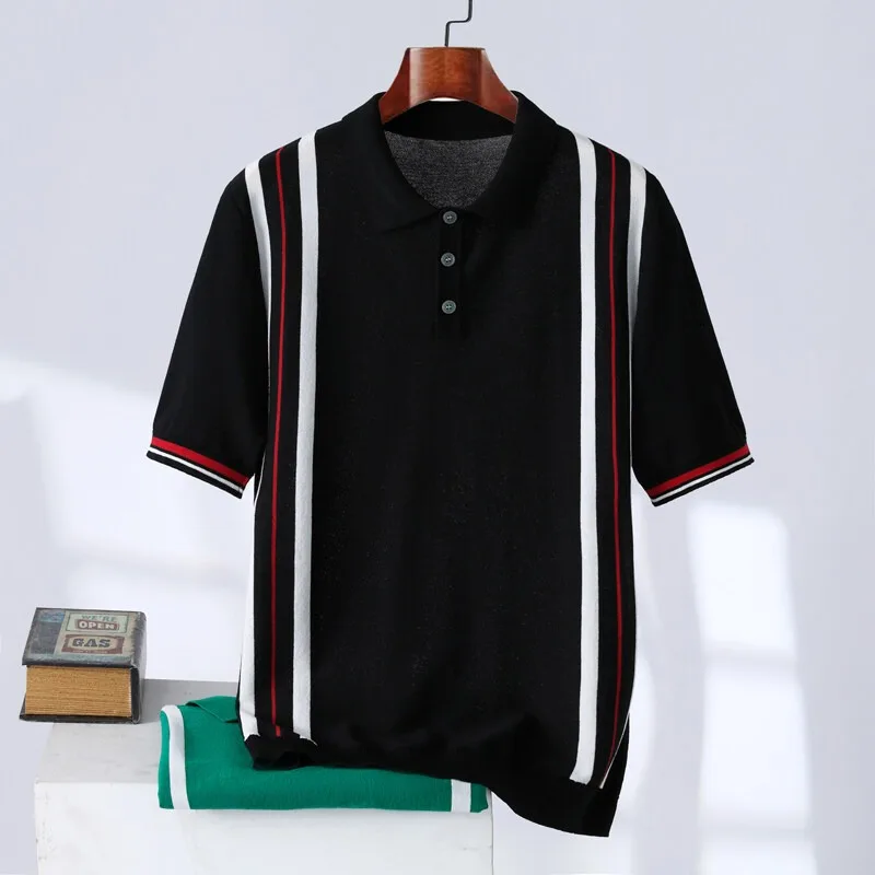 Summer Knitted Ice Hemp Silk Short Sleeve Polo Shirts Men Stripe Stitching Lapel T-shirt High End Casual Business POLOS Tee Tops