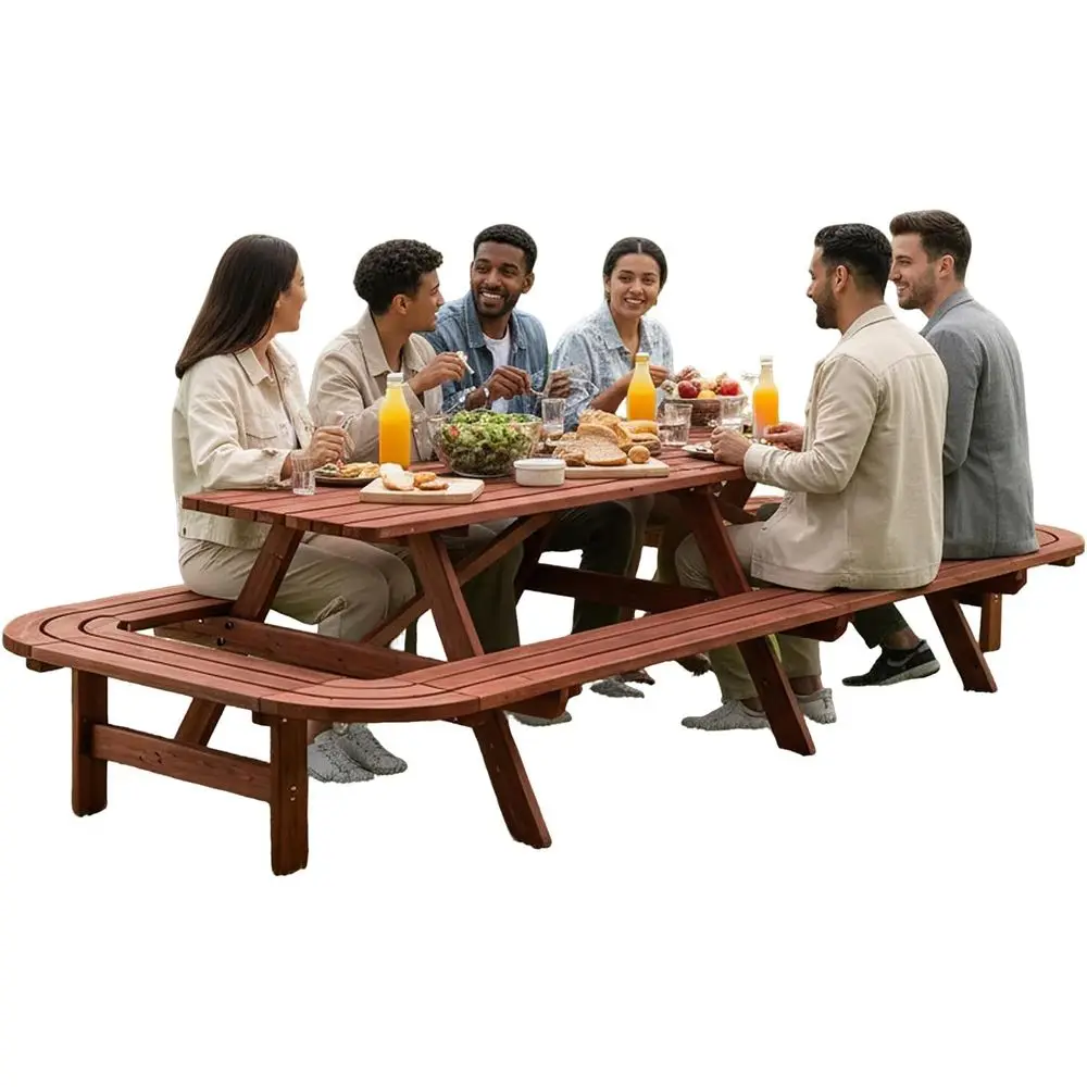 

Садовый деревянный стол для пикника на 14-16 человек с лавками и отверстием для зонта, коричневый, для патио или сада