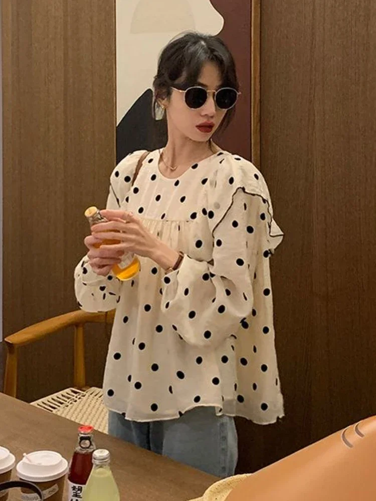 Summer Thin Dot Blouses Women Baggy Vintage Classic Sweet Breathable Daily Prairie Chic Lantern Sleeve Girlish Ruffles Aesthetic