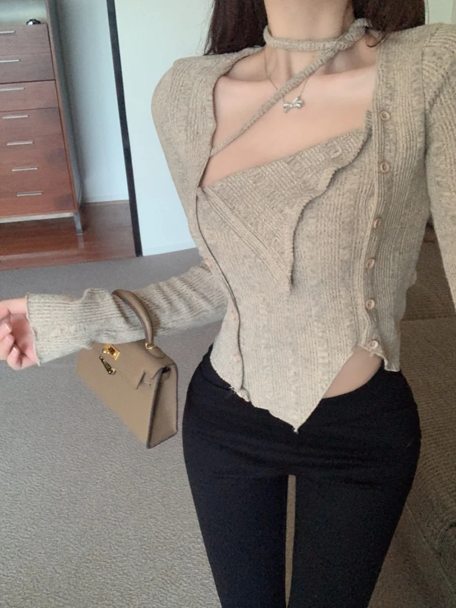 Blusa Feminina de Tricô Longa com Design Elegante e Moderno, Versão Coreana, Lançamento de Outono, Peça Única