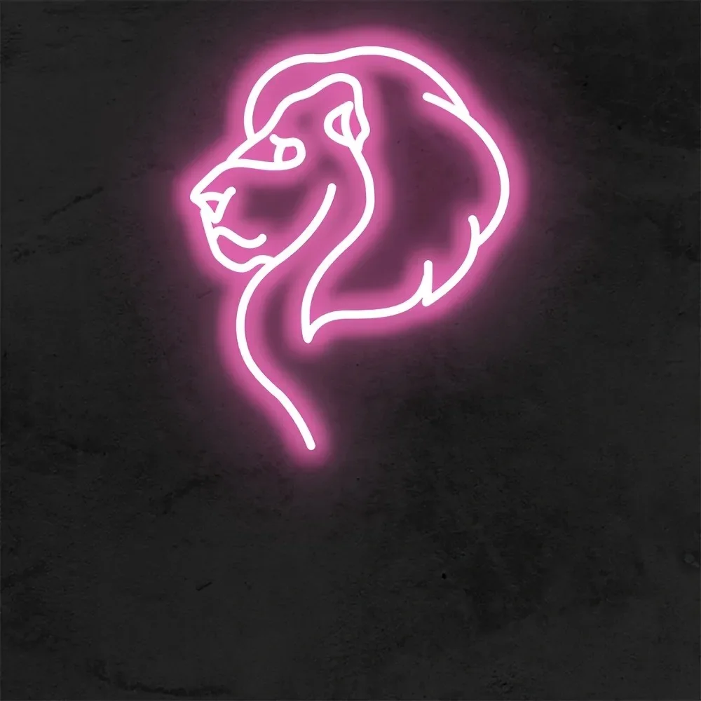 Pink Lion Head LED Neon Sign Art Dimmable USB Powered for Modern Living Room Bar Gaming Room Decor Wild Animal Theme Wall Light