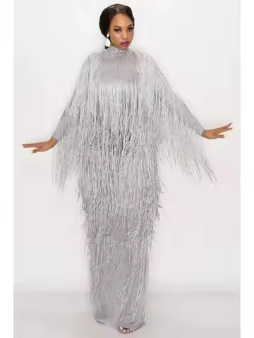 Net Yarn Tassel Dresses Plus Size Gold Black Fringes Long Dress Women Birthday Evening Party Dress Female Singer Stage Costume