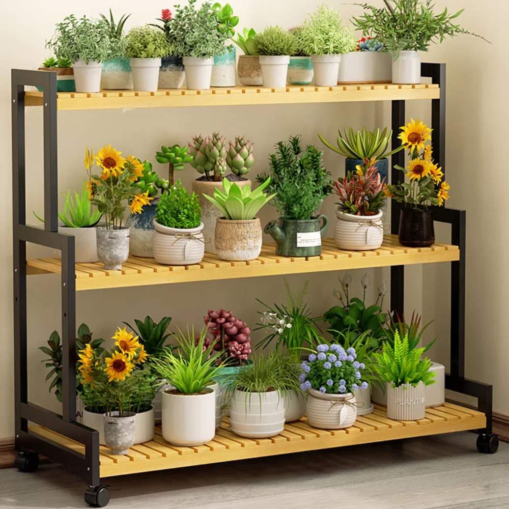 Plant Flower Rack With Wheels Mobile Floor Standing Storage Planter Shelf Floor Indoor Outdoor Detachable Adjustable Flower Rack