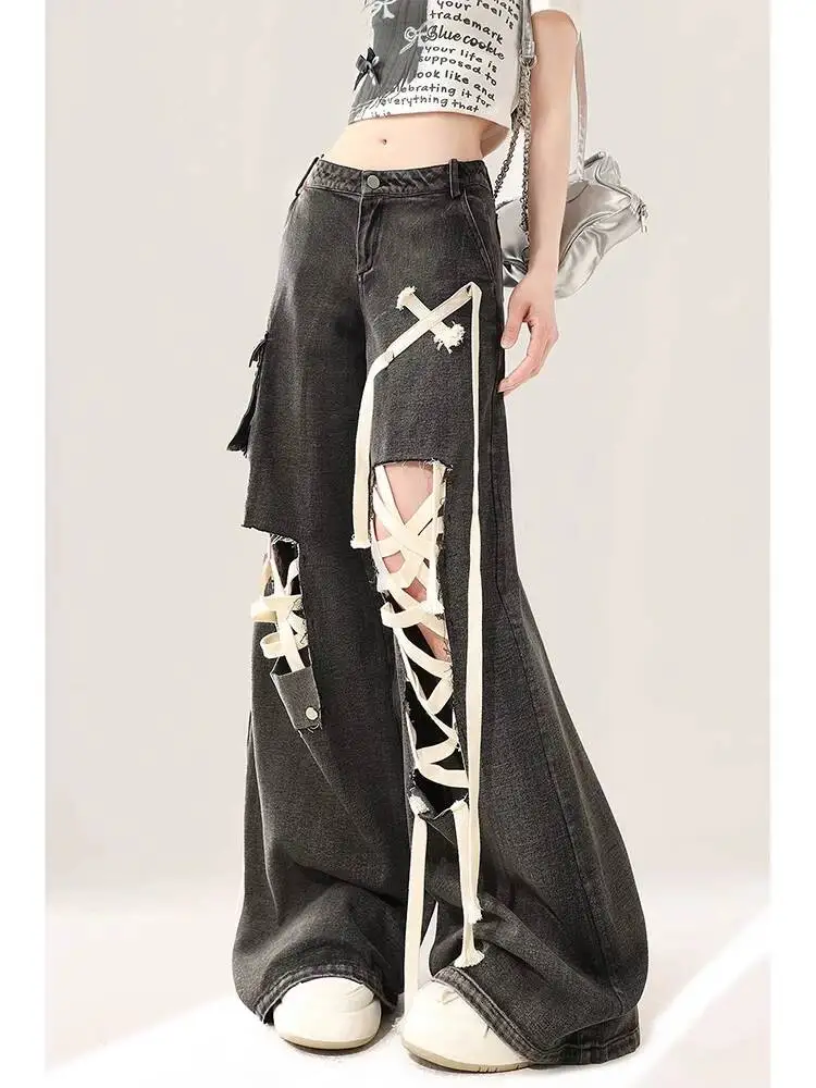 New Plus Size Black Strap Hole Jeans Woman Summer Fat Mm Design Sense High Waist Straight Cut Loose Wide-leg Trousers view 2