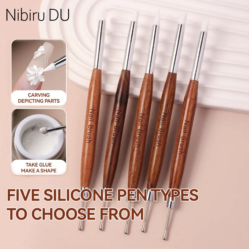 1/5 stücke Doppel Kopf Silikon Spachtel Nagel Pinsel 3D Blume Malerei Holz Griff für Kleber Anpassung Präge DIY Nail art Liefert