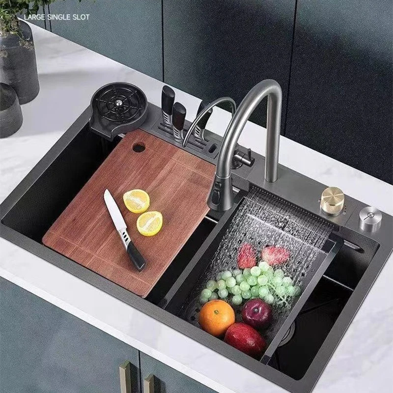 304 Stainless Steel Multi-Functional Single Bowl Kitchen Sink Waterfall Design Square Handmade Smart Features Mount Installation