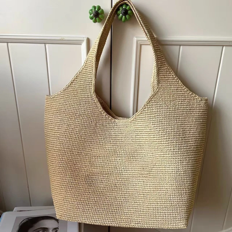 

Large Capacity Raffia Woven Tote Bag Fashion Versatile Shoulder Bag Beach Vacations Casual Wear Artistic Retro Soft Bucket Bag
