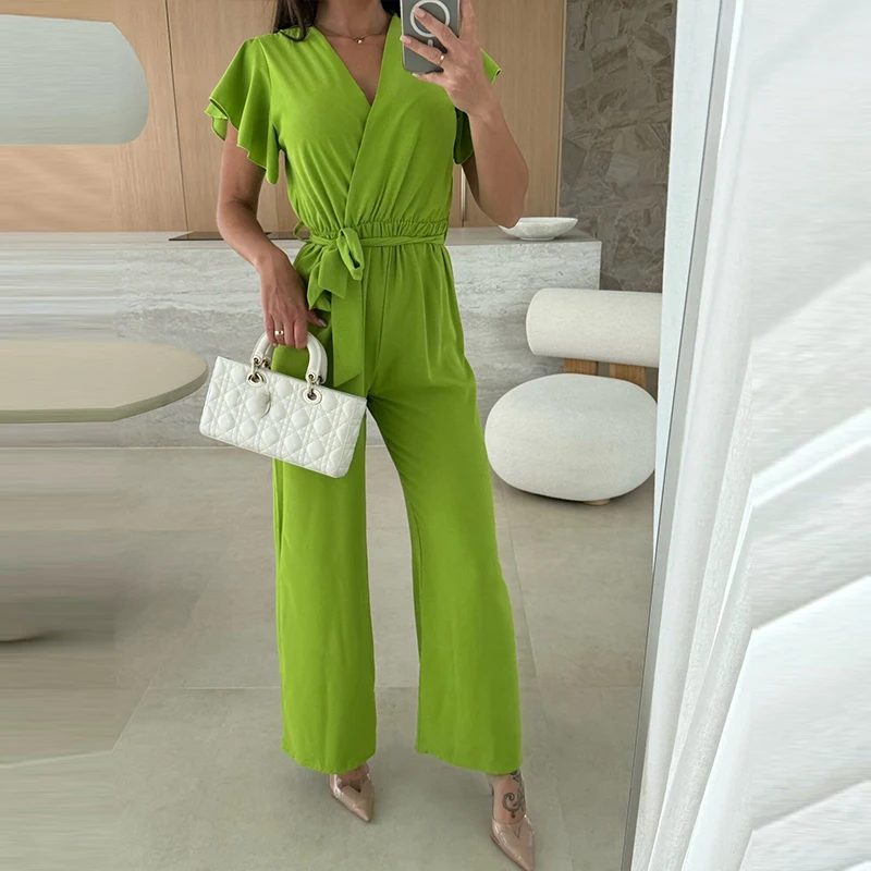 Wiosna Lato Damski kombinezon z dekoltem w szpic i falbanami Casualowy kombinezon z wysoką talią i sznurowaniem Elegancki prosty kombinezon z krótkim rękawem