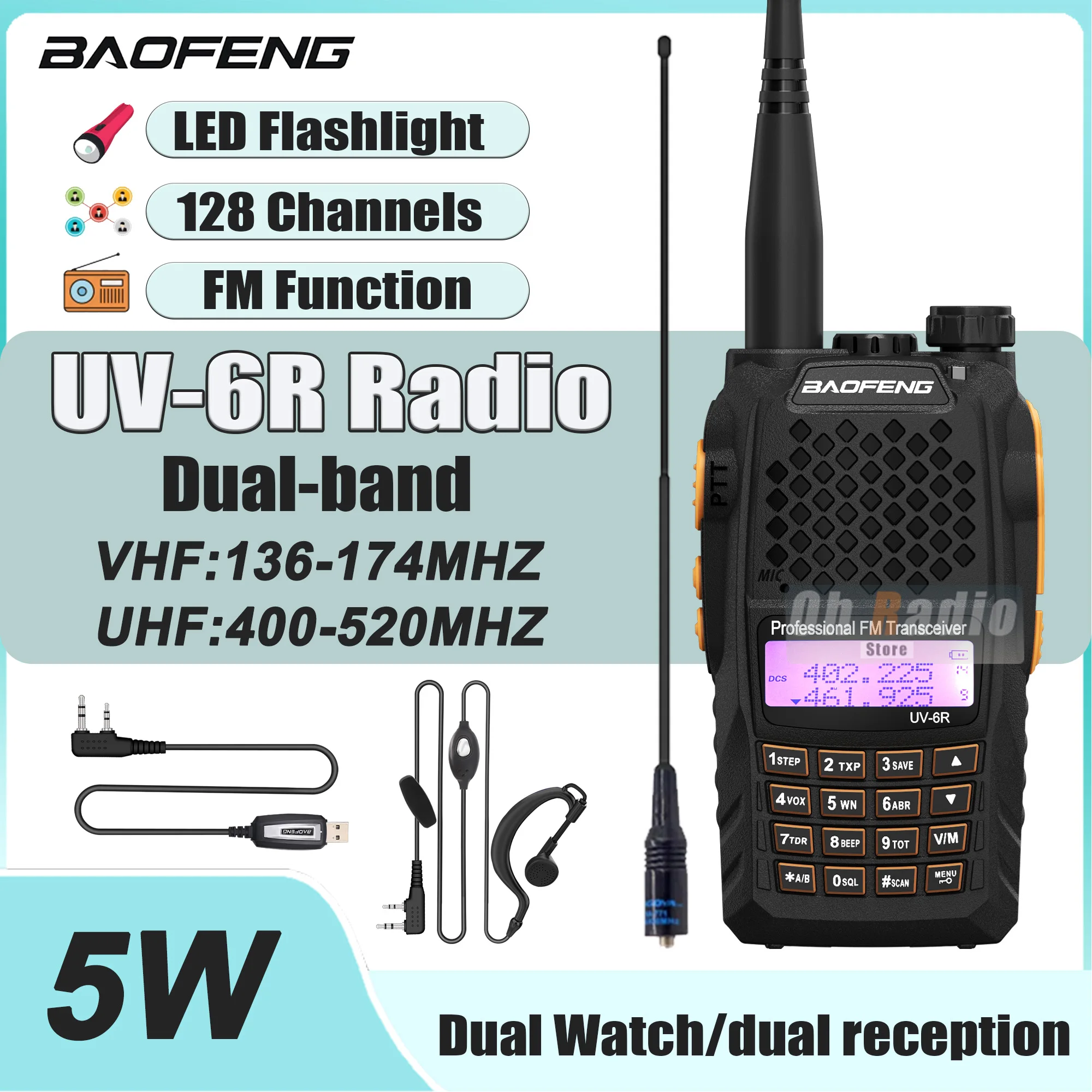 

Baofeng UV-6R Walkie Talkie BF-UV6R Radio VHF UHF Dual Band 5W 128Channel FM LED Flashlight Long Range Portable Radio High Power