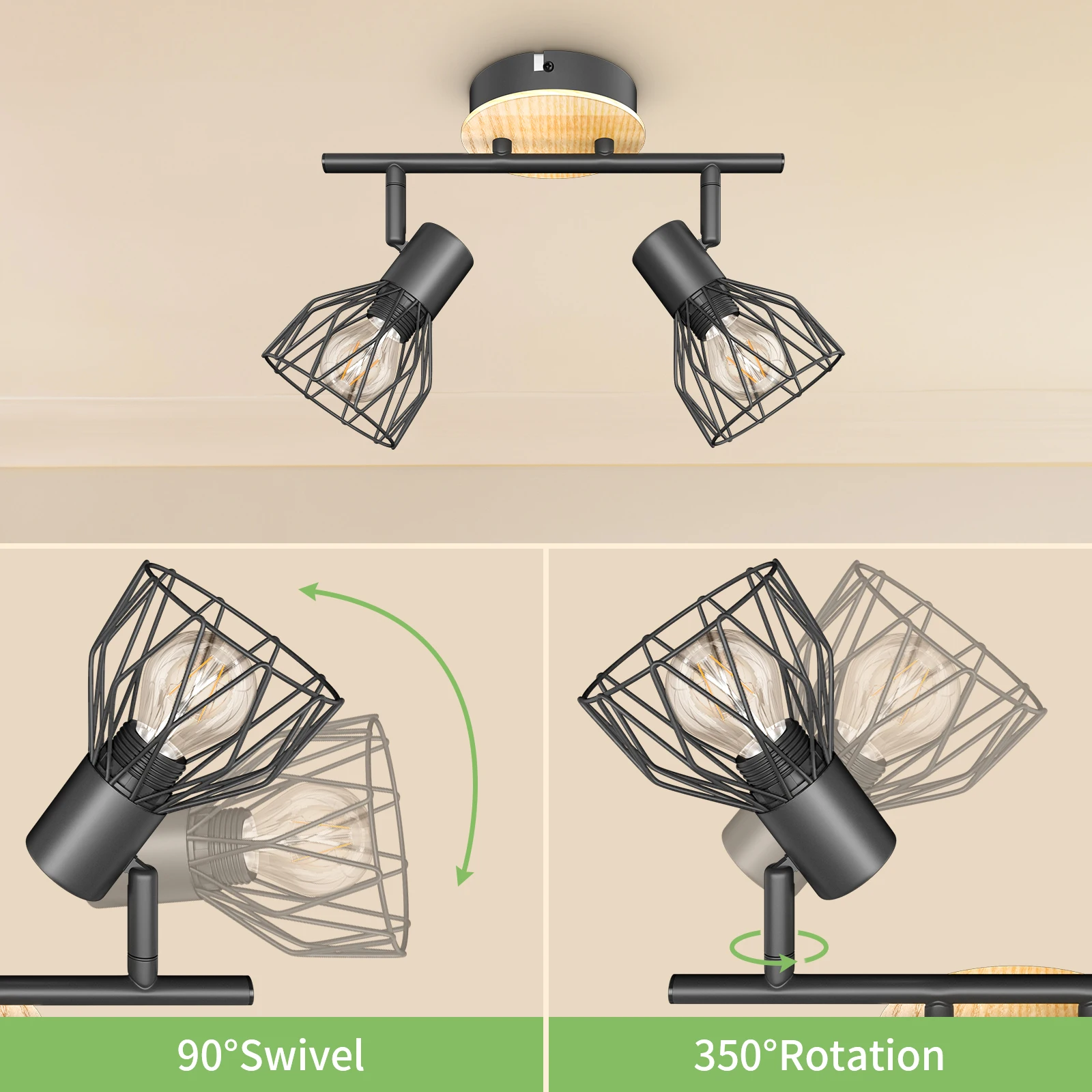 Kimjo E14 Spot Light Fittings 2 Way Ceiling Light - Rotatable Led Ceiling Light Industrial-Ceiling Wall Lights Wood  No Bulbs