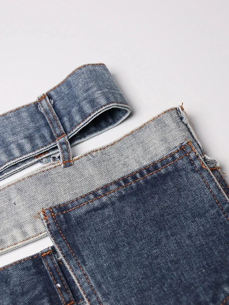 Gonne di jeans Patchwork scavate A vita alta monopetto Colorblock Slim Summer A Line Mini gonna aderente femminile