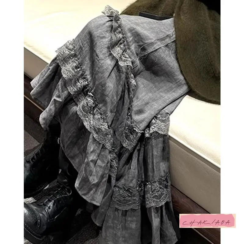

Japanese Irregular Design Gentle Retro Wear Autumn and Winter New Salt Light Ripeness Lace Splicing Skirt A-shaped Large Skirt