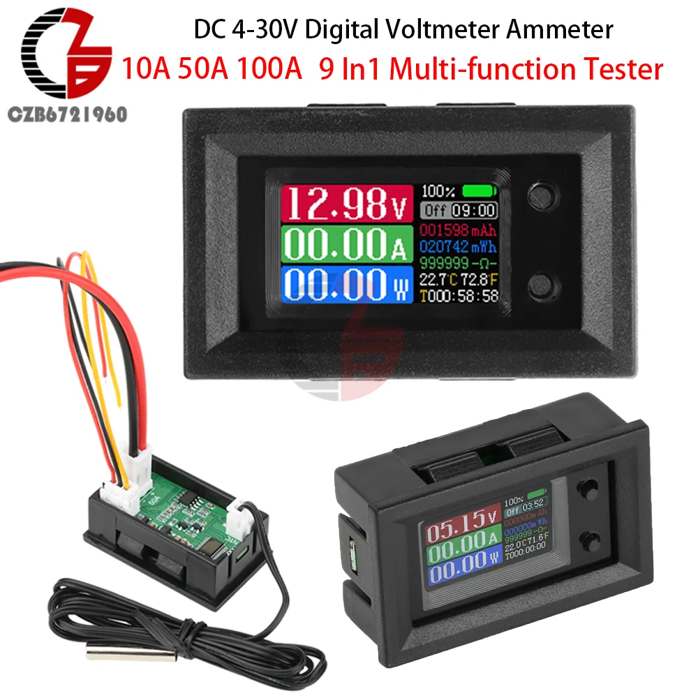 DC 4-30V 10A 50A 100A Digital Voltmeter Ammeter 9 In1 Voltage Current Power Capacity Temperature Energy Test Meter