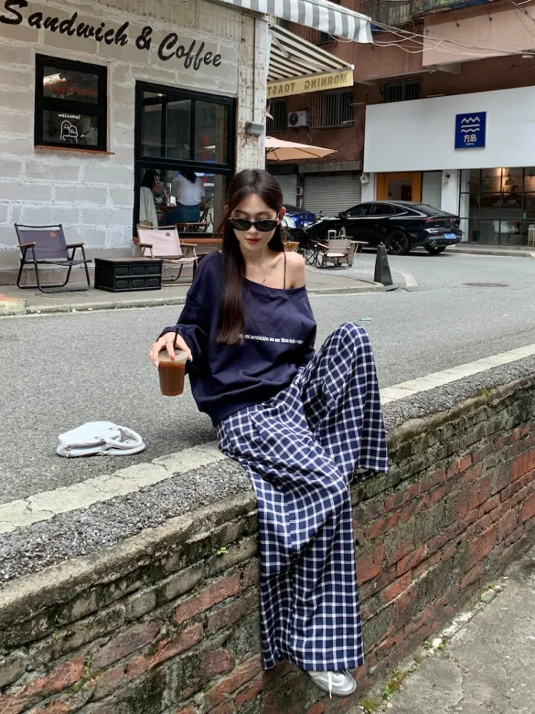 ADAgirl Navy Blue Skew Collar Sweatshirt Women Letter Print Oversized Streetwear Hoodie Wide Leg Plaid Pants Two Peice Sets Chic