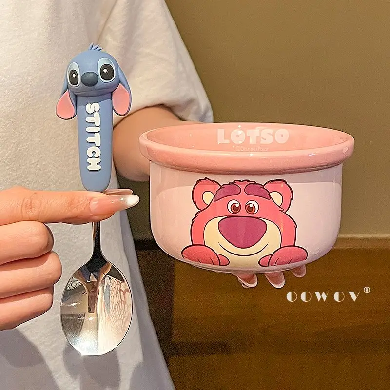 Mangkuk Nasi Keramik Seri Stitch Baru Disney Mangkuk Sup Rumah Tangga dengan Sendok Peralatan Makan Dapur Mangkuk Makanan Pendamping Anak-anak