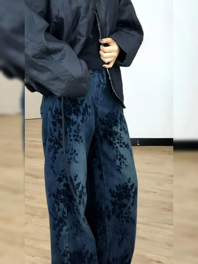 Design Sense Full of Printed Branches Velvet and Thickened Jeans Women's Retro Versatile Wide-leg Floor Pants