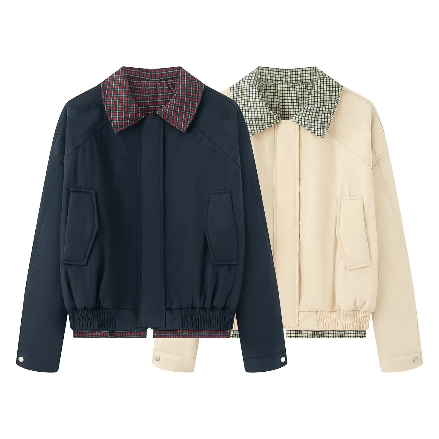 

PB&ZA2025 women's autumn new fake two-piece splicing casual retro plaid Harrington lapel short jacket