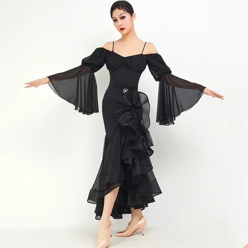 Nieuwe Ballroom Danswedstrijd Kleding Voor Vrouwen Zwarte Lantaarn Mouwen Visbot Rok Pak Wals Moderne Dansjurk Dn15103