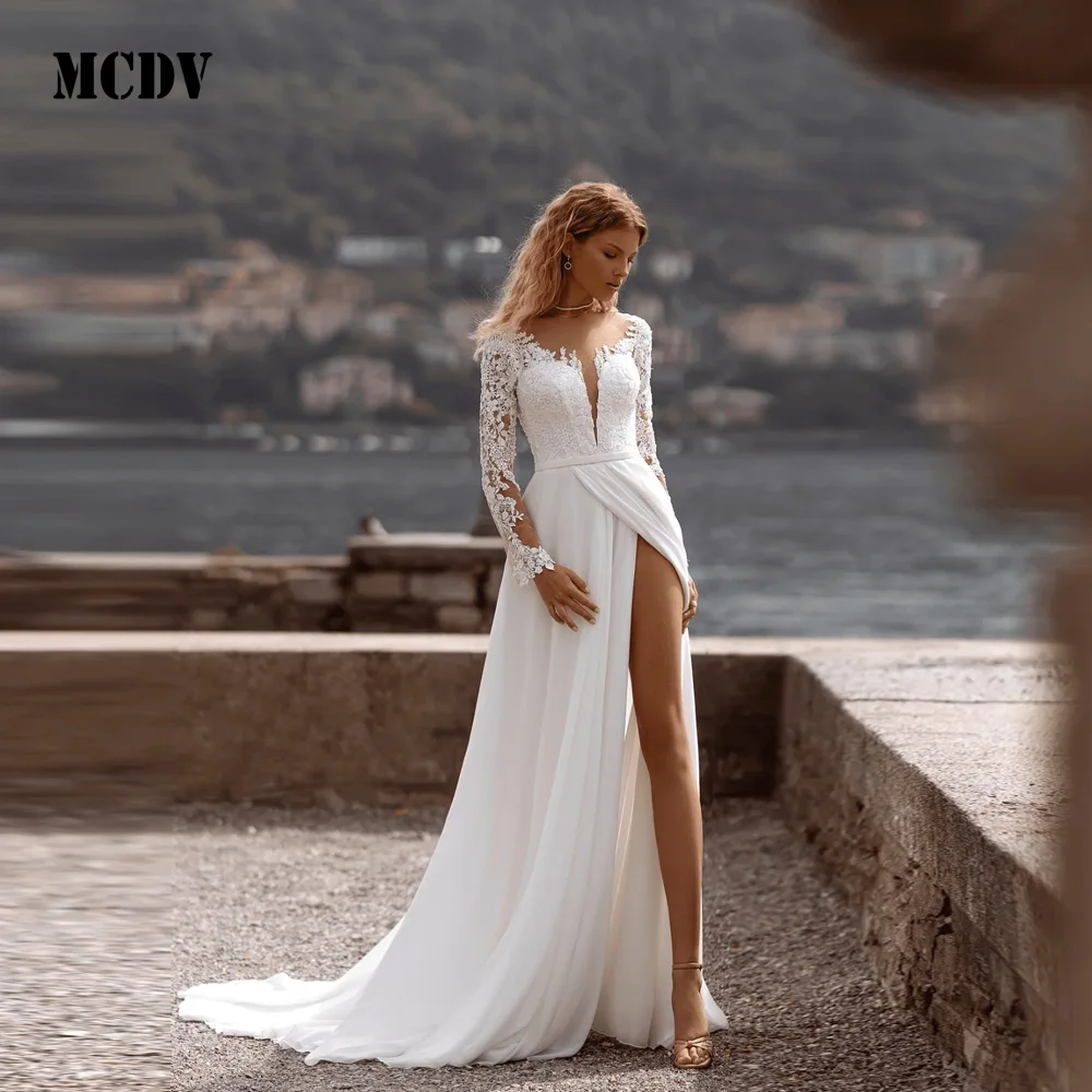 

MCDV Civil A-Line Wedding Dresses Long Sleeve Side Split Corset Applique Boho Bride Gowns For Women vestidos de novia Customized