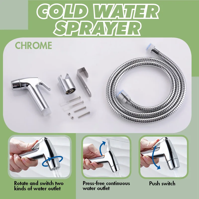 Cold Water Sprayer Set Shiny Chrome Hang Bidet Sprayer SUS304 Hook with ABS Sprayer 2Functions 1.5m Stainless Steel Hose