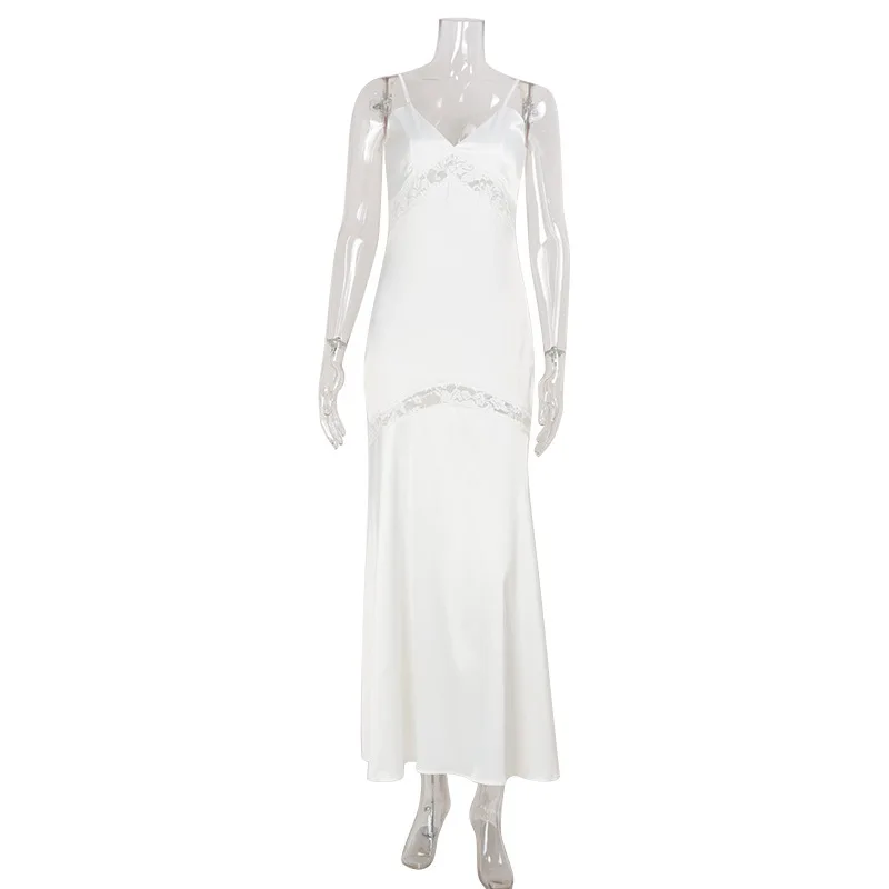Outono branco cetim renda vestido de baile sexy listra sem mangas longa bainha formal casamento convidado robes festa noite vestido de noiva