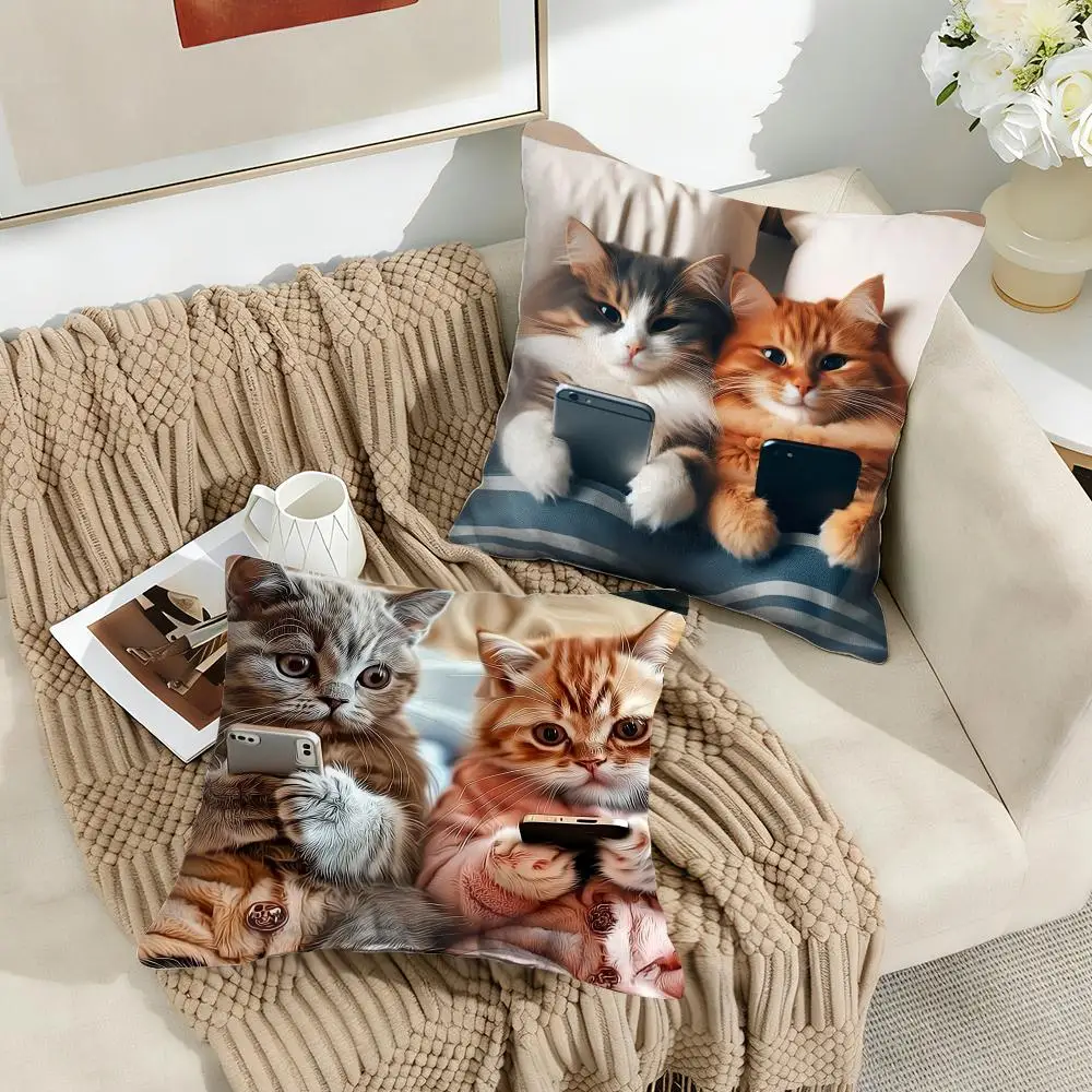 Cute cat holding phone Cushion Cover Silky Short Plush Invisible Zipper Dustproof Sofa Pillow Case for Home Decor