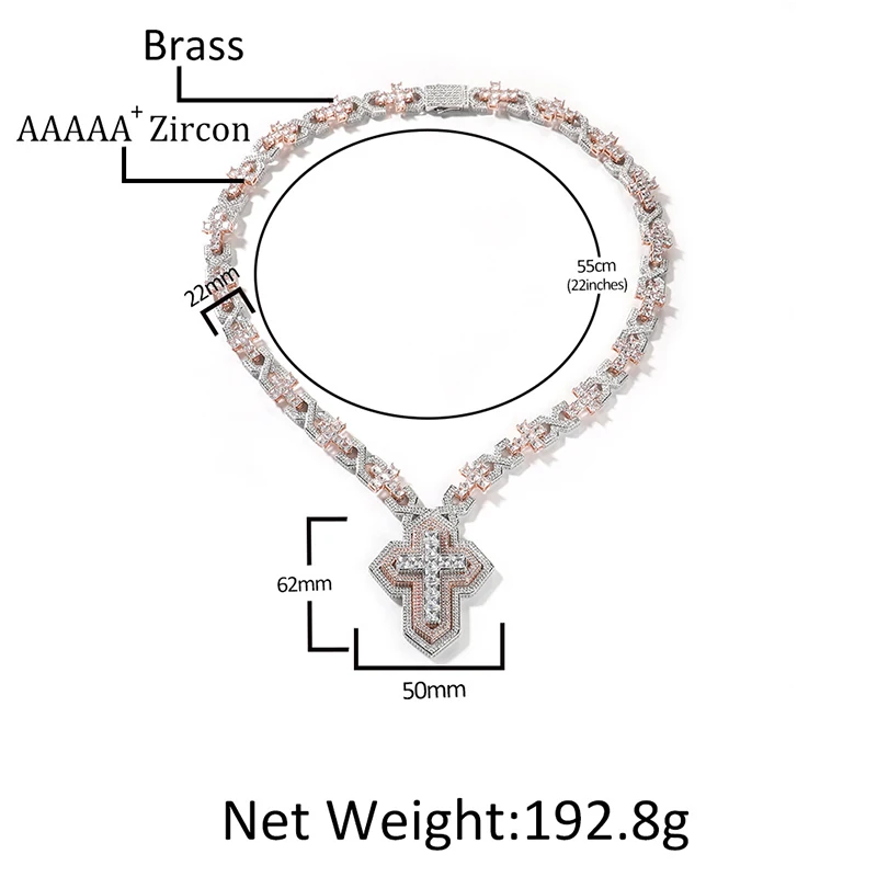 Hip Hop 5A+ CZ Stone Bling Iced Out Infinity Cross Link Chain Necklace for Men Rapper Jewelry Gold Silver Color