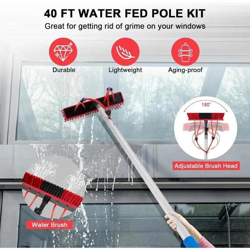 Water Fed Pole Kit 40 FT Adjustable Window Cleaning Pole 20M Hose & 180° Rotating BrushHead