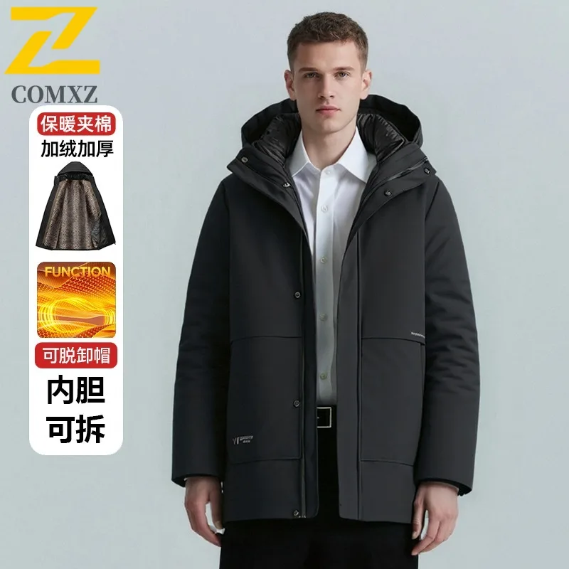 COMXZ 2025 الشتاء الصوف الحراري سترة الرجال الفاخرة سميكة انفصال مقنعين سترة المشي لمسافات طويلة التزلج مقاوم للماء القطن وسادة مبطنة