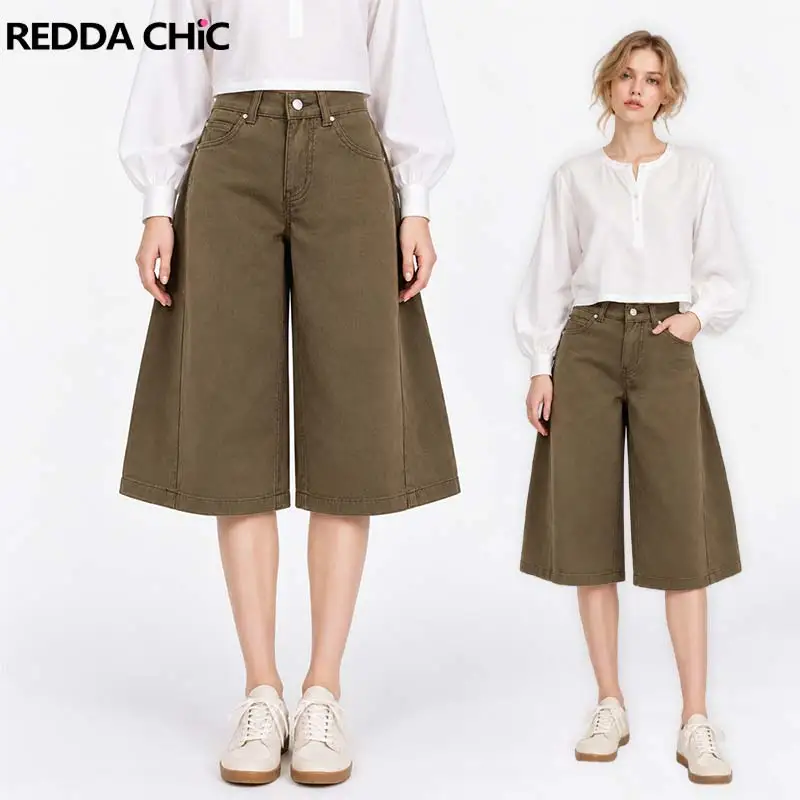 REDDACHiC Olive-brown Barrel Jean Shorts Women Lounge Solid Wide Leg Low Rise Loose Fit Denim Bermuda Shorts Vintage Streetwear