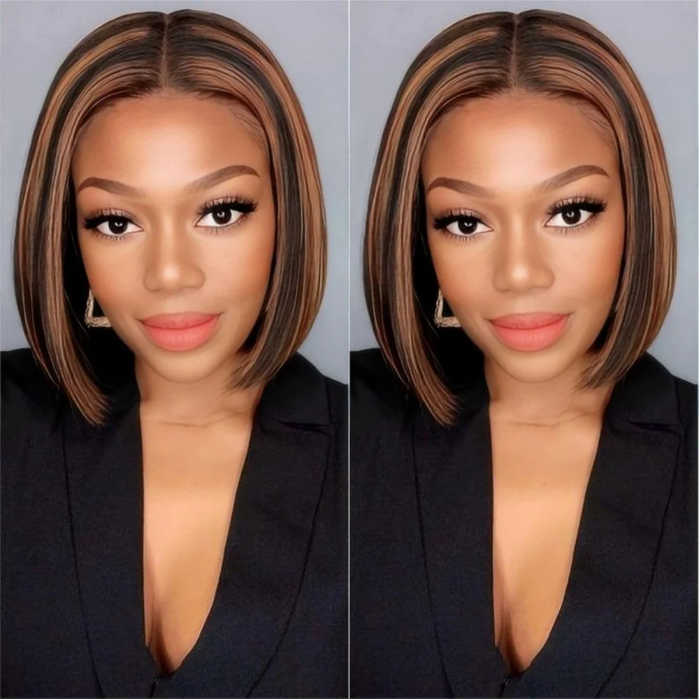 

12 Inch 13x4 Transparent Lace Straight Bob Wig P4/27 Highlight 200% Density Virgin Human Hair Tangle-Free No Shedding For Women