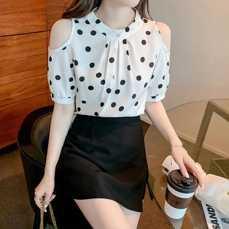 

Women Clothing Polka Dot Hollow Out Loose Blouse Summer New Thin Off Shoulder Printing Chiffon Sweet Shirt Tops Fashion Elegant