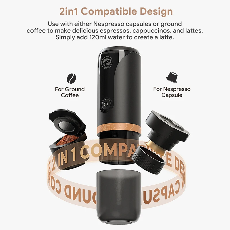 Portable Rechargeable Coffee Maker Mini Travel Espresso Machine Compatibled Capsule and Ground Coffee for Camping Travel Office