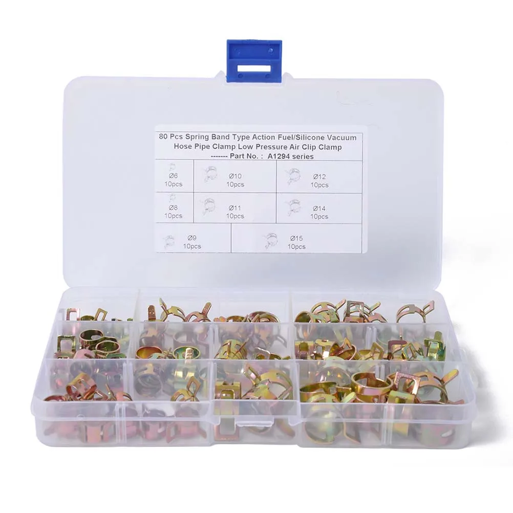 

80pcs Hose Clamp Set 6Mm-15Mm Spring Steel For Automotive Water Pipe Air Fuel Line Repair Tube Clips Gear Clamp Hardware