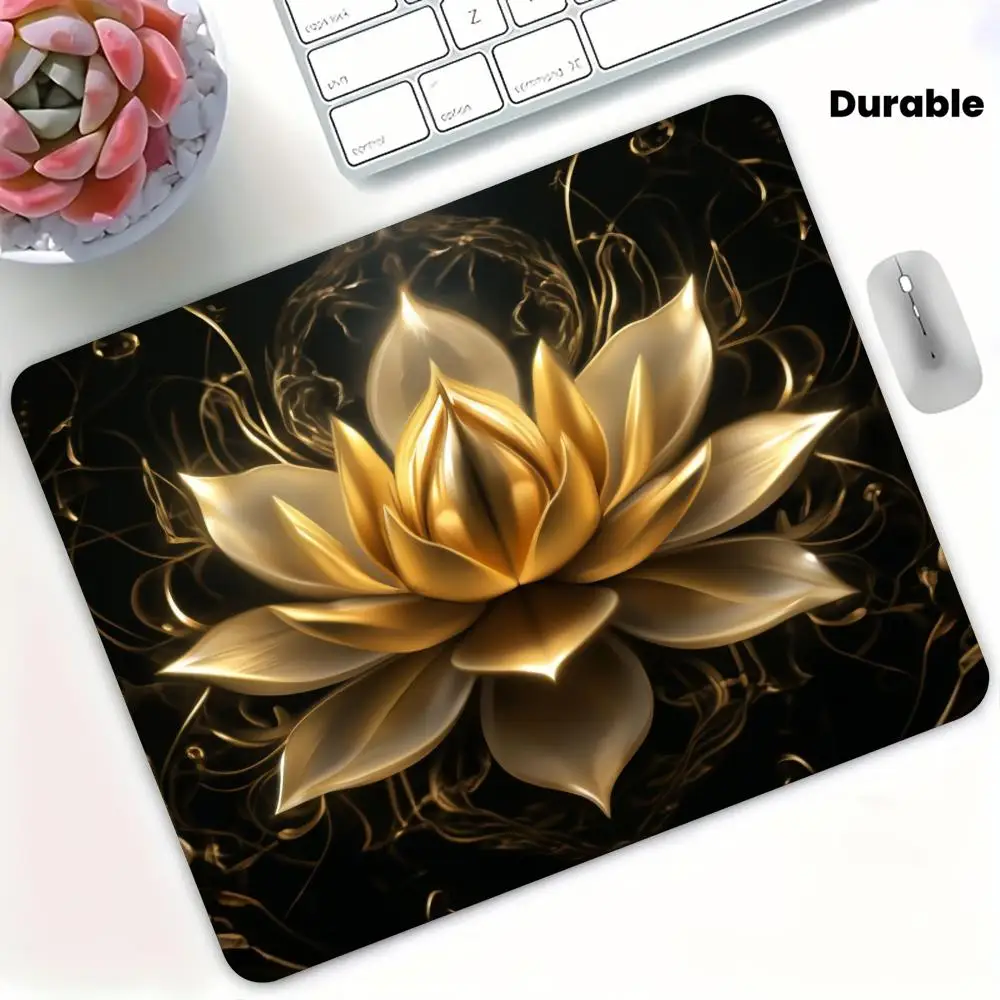 Elegant Shiny Golden Lotus Floral Graphic Square Mouse Pad Non Slip Rubber Desk Mat For Home Office Laptop Gaming Sessions