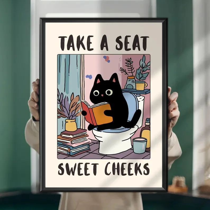 

Funny Cat Bathroom Print Poster Sassy Kitty Toilet Humor Poster Decoration Bedroom Decor Room Aesthetic Posters on the Wall Gift