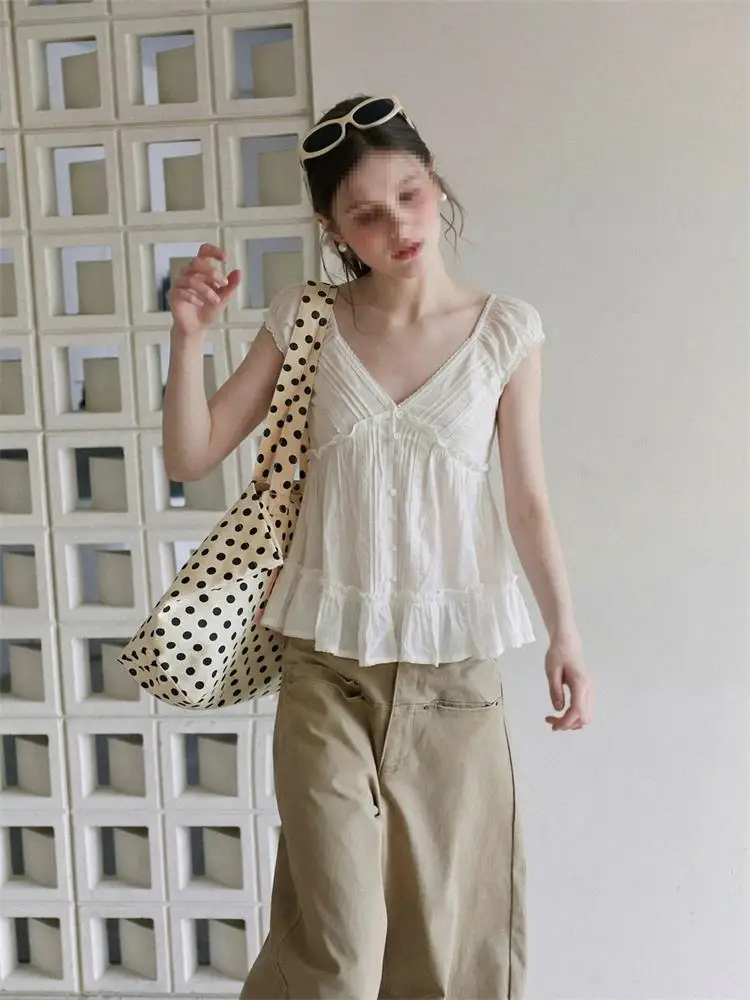 Lace Trim V-Neck Halter Vest Women's Summer Slimming Top Korean Style Commute Straight Cut Short Sleeve Flounce Design